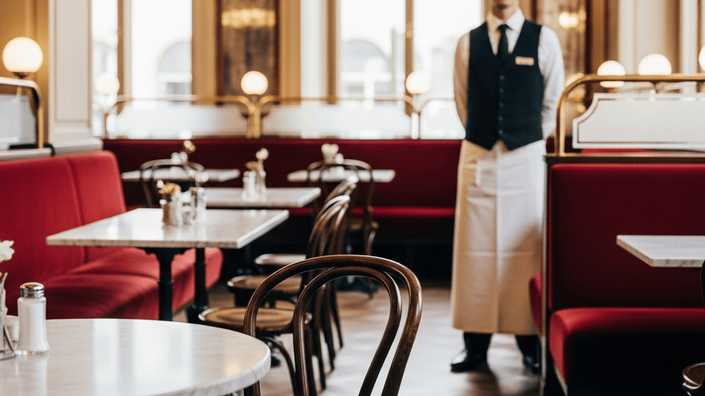 Interior of a historic Viennese coffeehouse, marble-topped tables, red velvet booths, Thonet chairs, a waiter in formal black delivering coffee on a silver tray