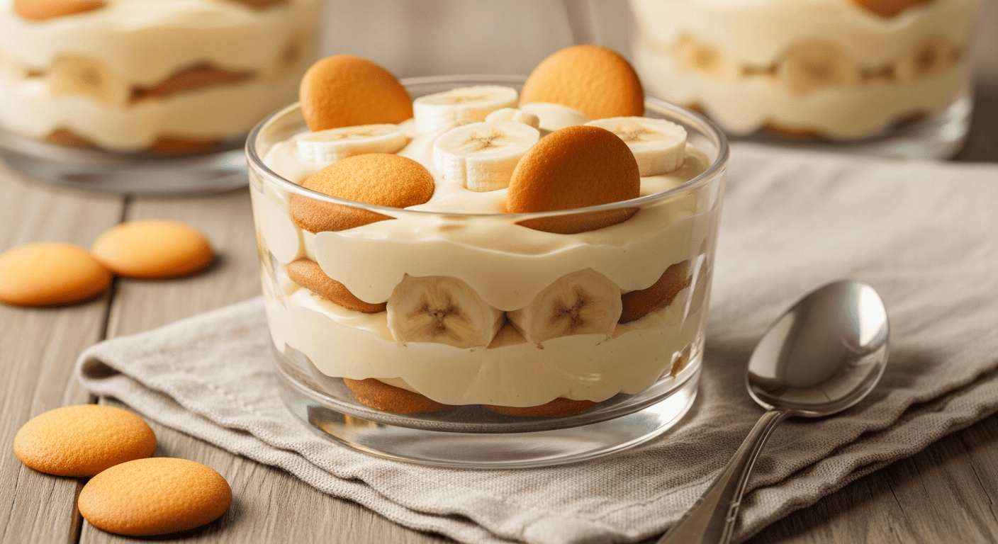 Layered banana pudding in a glass trifle dish, vanilla wafers and banana slices visible