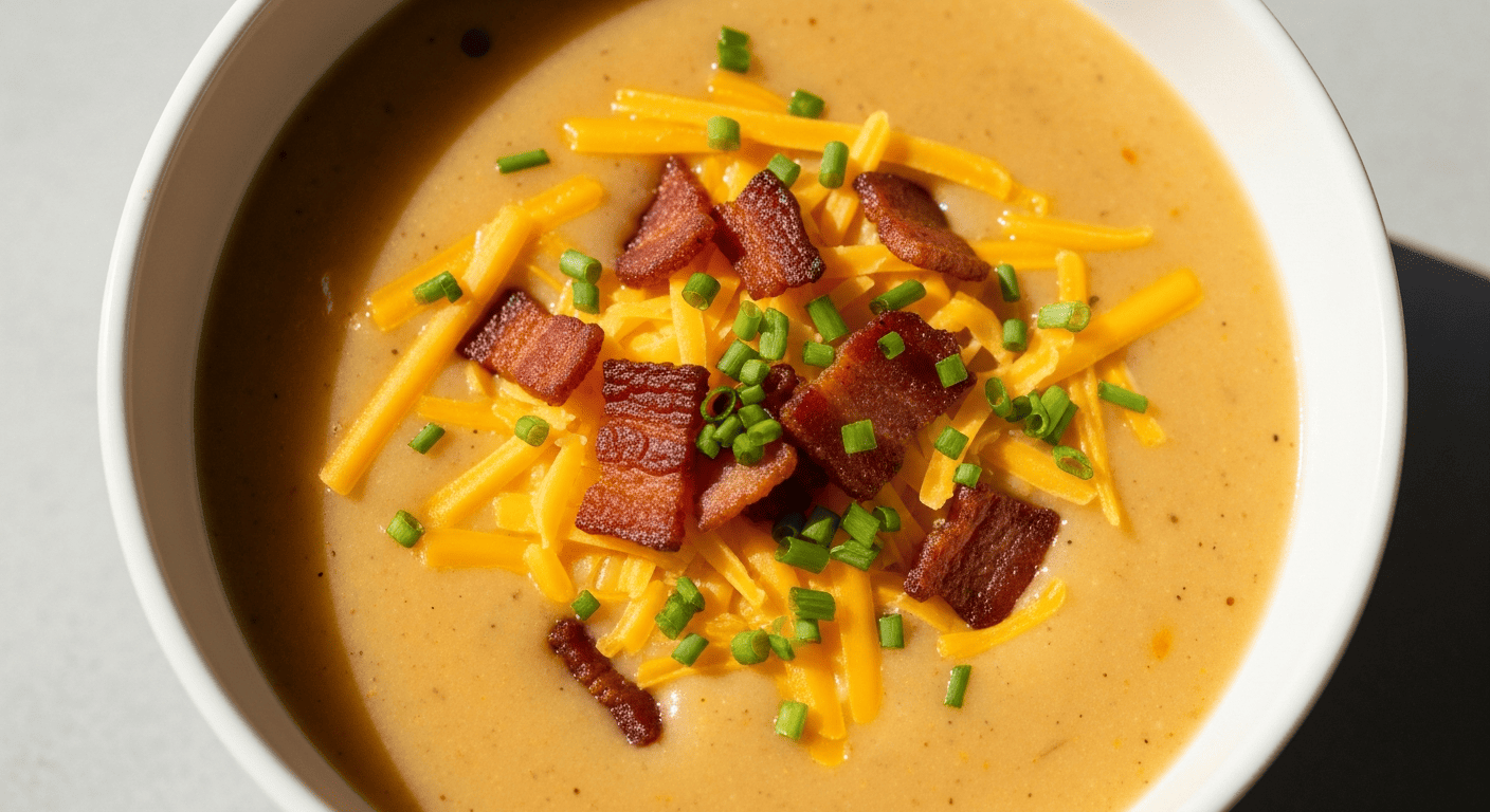 Loaded baked potato soup topped with shredded cheddar, crispy bacon bits, and chives, cozy overhead shot