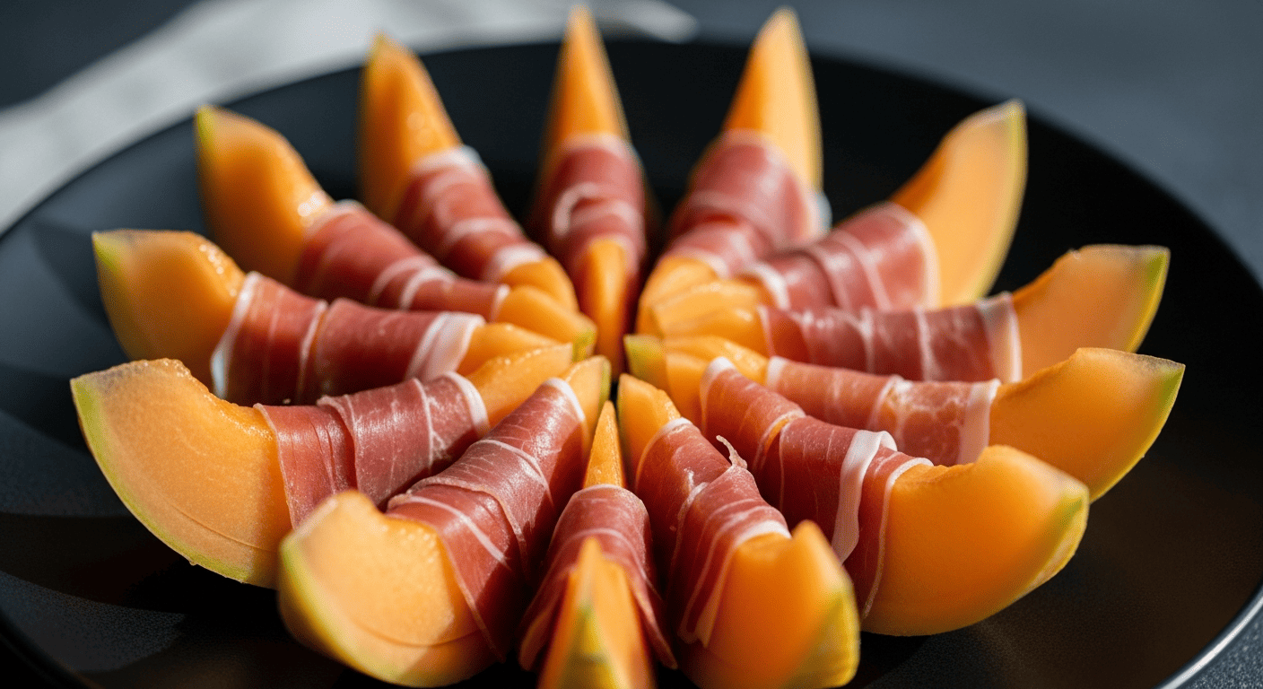 Melon wedges wrapped in prosciutto ribbons, fanned out on a dark plate