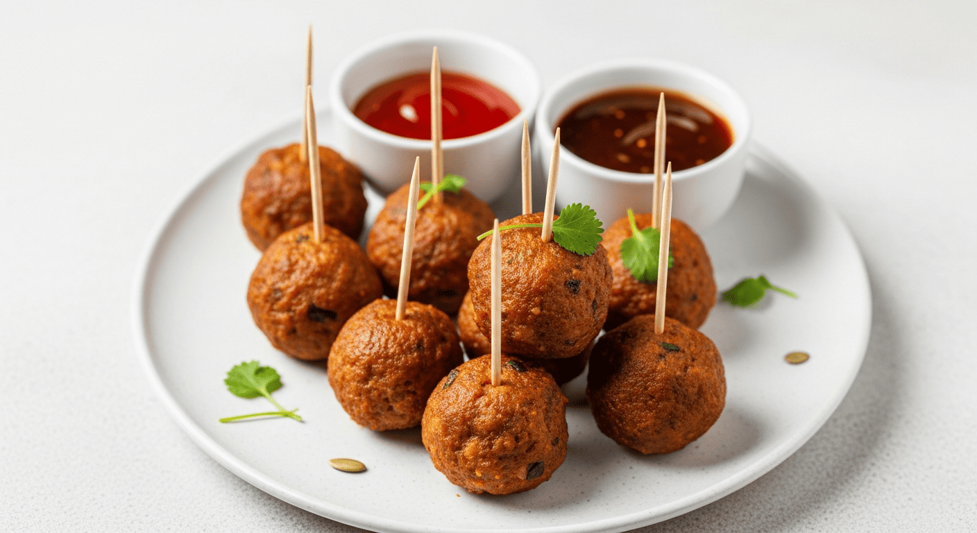 Mini meatballs on toothpicks with two small dipping sauces