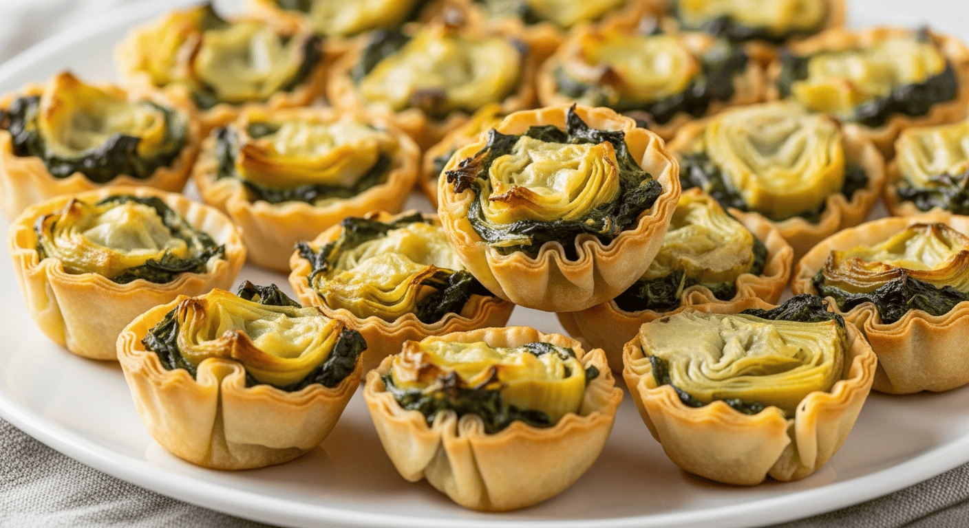 Mini phyllo cups filled with golden baked spinach artichoke filling