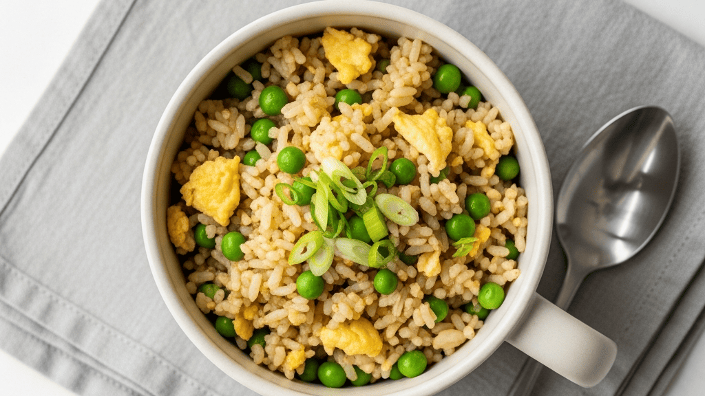 Mug of egg fried rice with peas, steam rising, desk in soft background