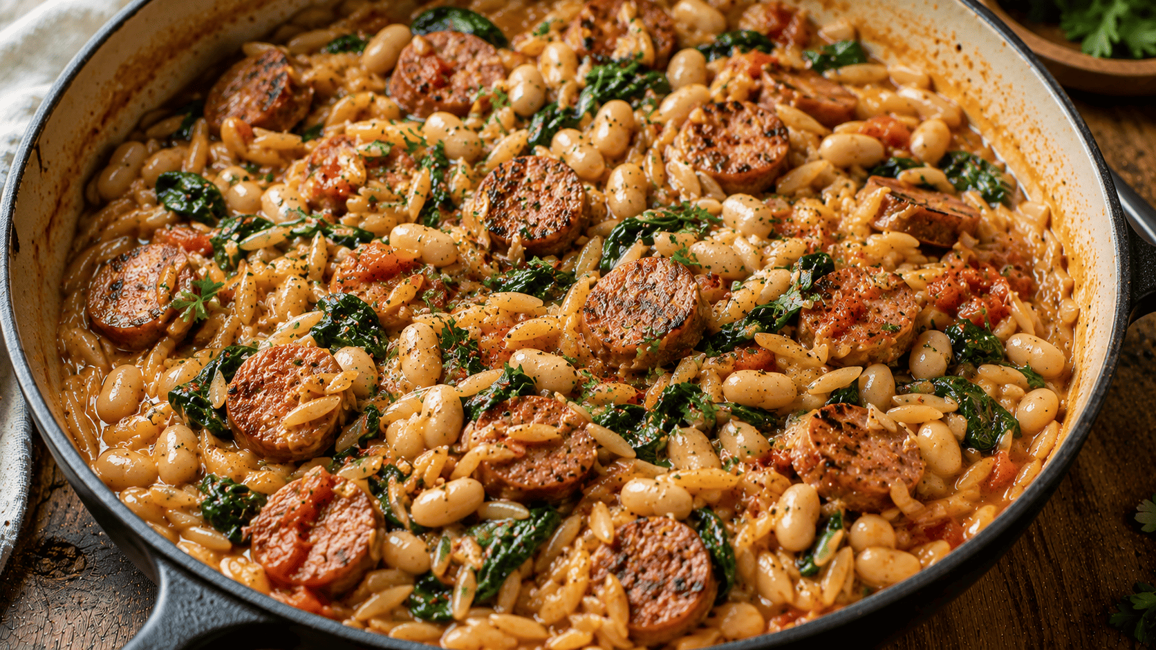 One-pot sausage orzo with white beans and wilted spinach, straight from the skillet