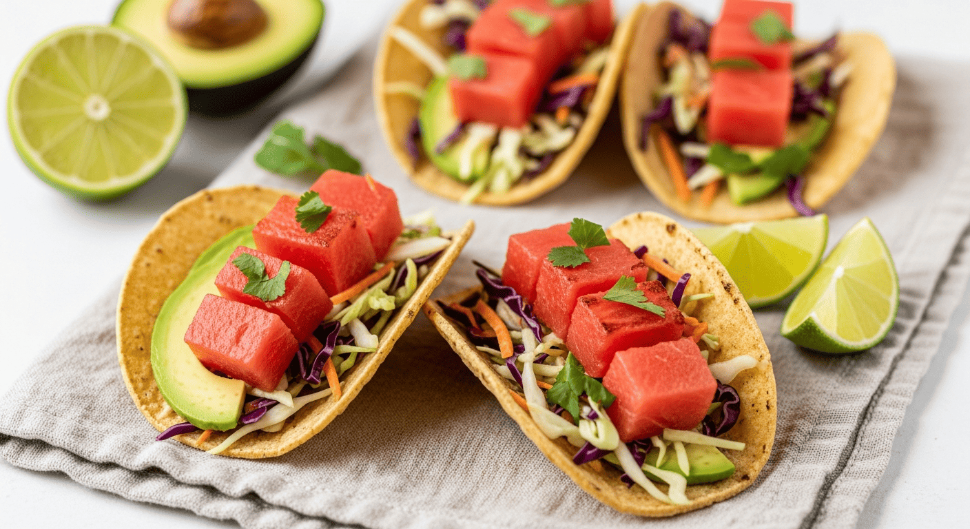 Open-faced tacos with seared watermelon tuna, avocado, and slaw, lime wedges on the side