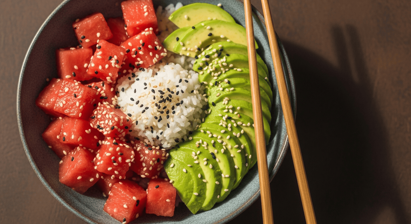 Overhead shot of a poke bowl with marinated watermelon cubes, rice, avocado, sesame seeds