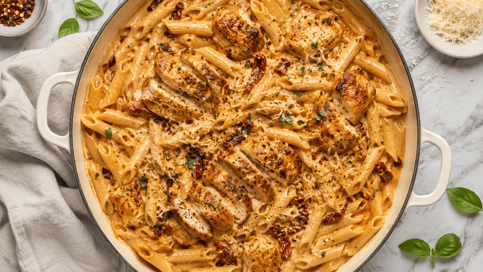 Seared chicken slices over creamy sun-dried tomato pasta in a dark skillet