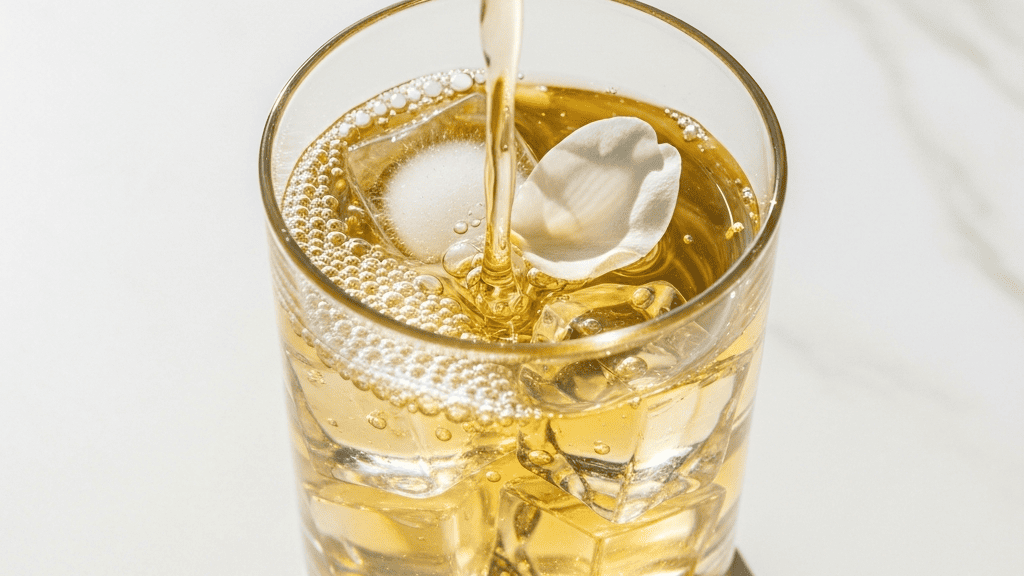 Pale gold jasmine tea being poured over ice in a minimalist glass, a single flower petal drifting on top