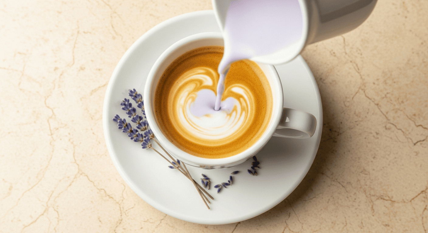 Pale lavender-tinted milk over espresso, a few dried lavender buds on the saucer