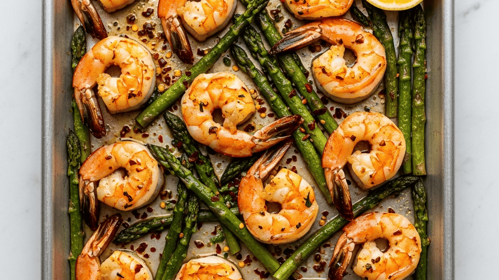 Roasted garlic butter shrimp and blistered asparagus spears, lemon wedges and red pepper flakes scattered on top