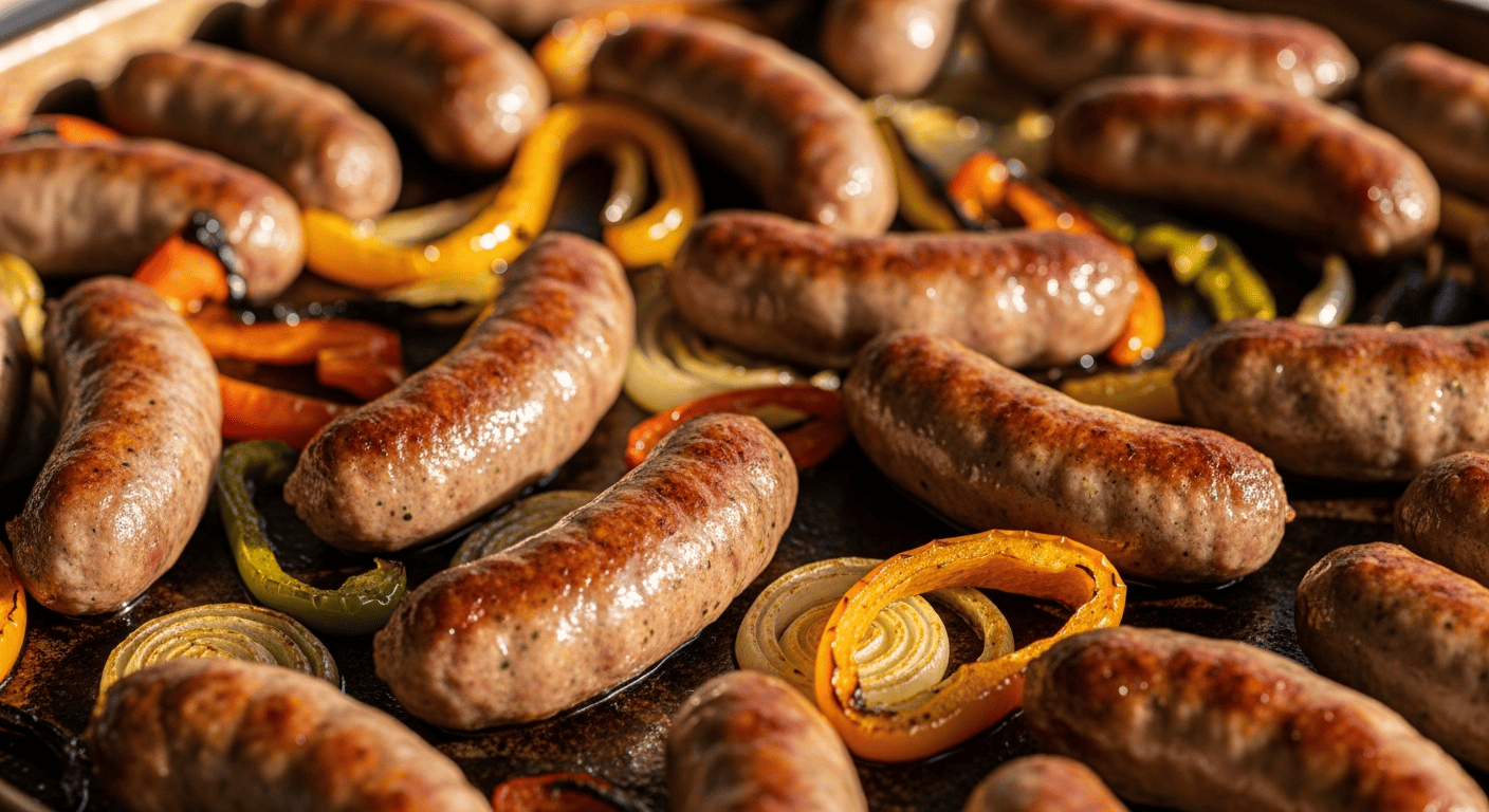 Browned Italian sausage links with roasted sliced peppers and onions, rustic sheet pan close-up