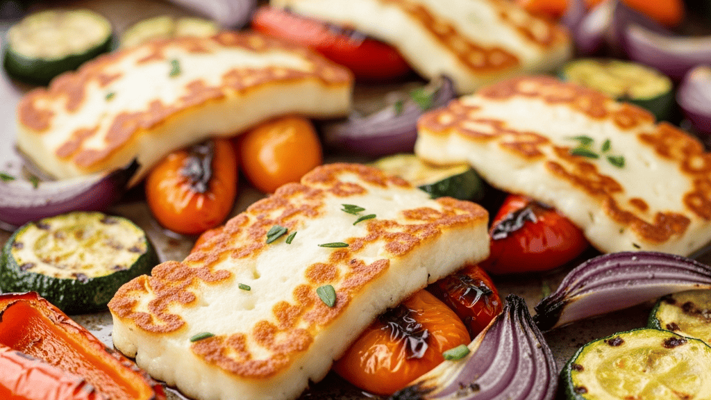 Golden seared halloumi slices with colorful roasted bell peppers, onion and courgette