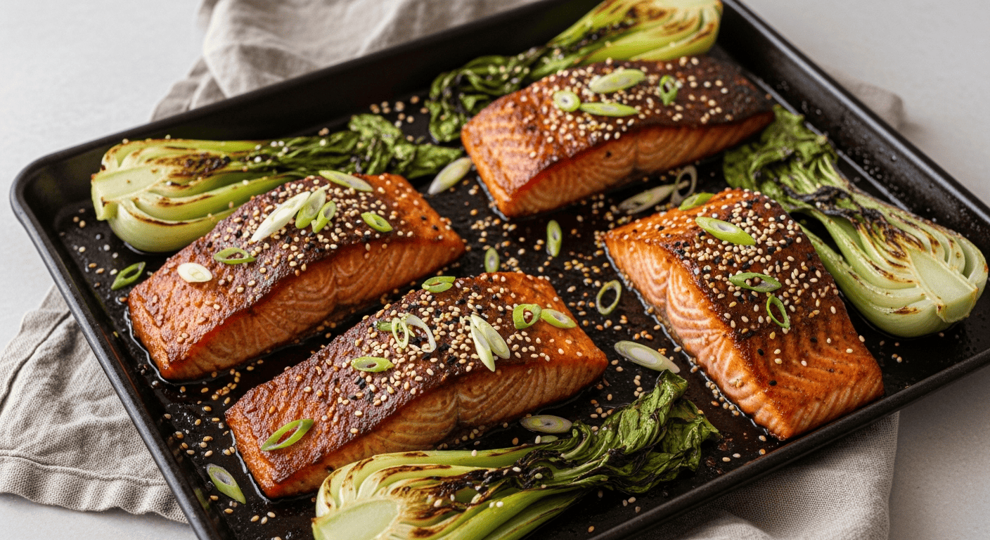 Glossy miso-glazed salmon fillets with charred bok choy halves, sesame seeds and scallion on top