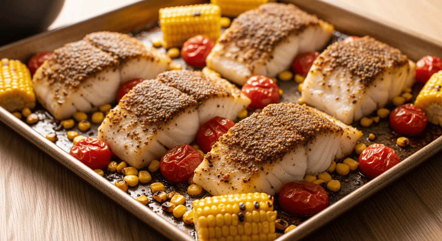Spice-crusted cod fillets with blistered cherry tomatoes and charred corn kernels on a sheet pan