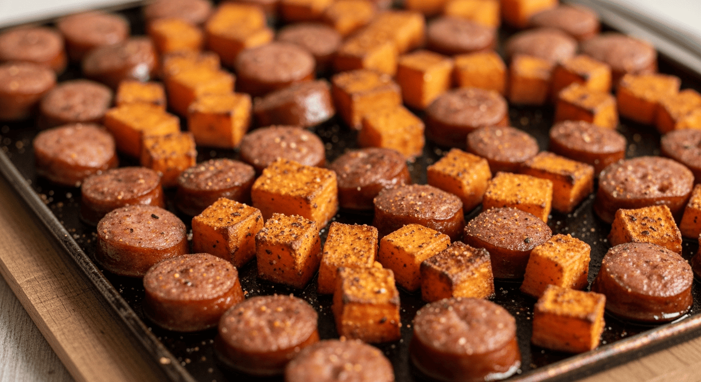 Sliced andouille sausage and caramelized sweet potato cubes dusted with Cajun seasoning