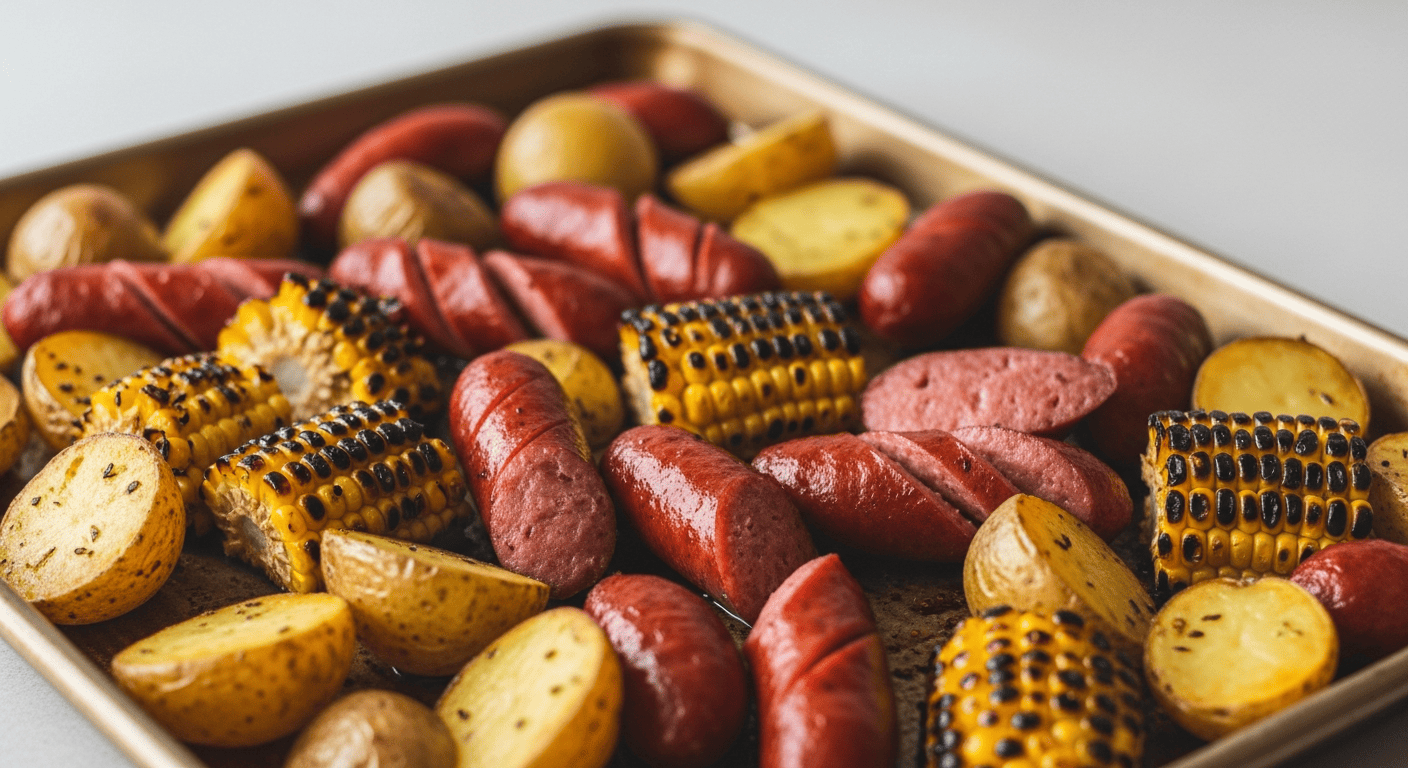 Sliced kielbasa, roasted potato halves and charred corn pieces on a sheet pan, smoky paprika color visible