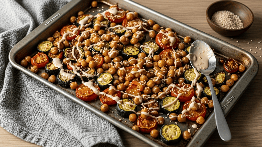 Roasted chickpeas and summer vegetables drizzled with pale tahini sauce, sesame seeds scattered on top