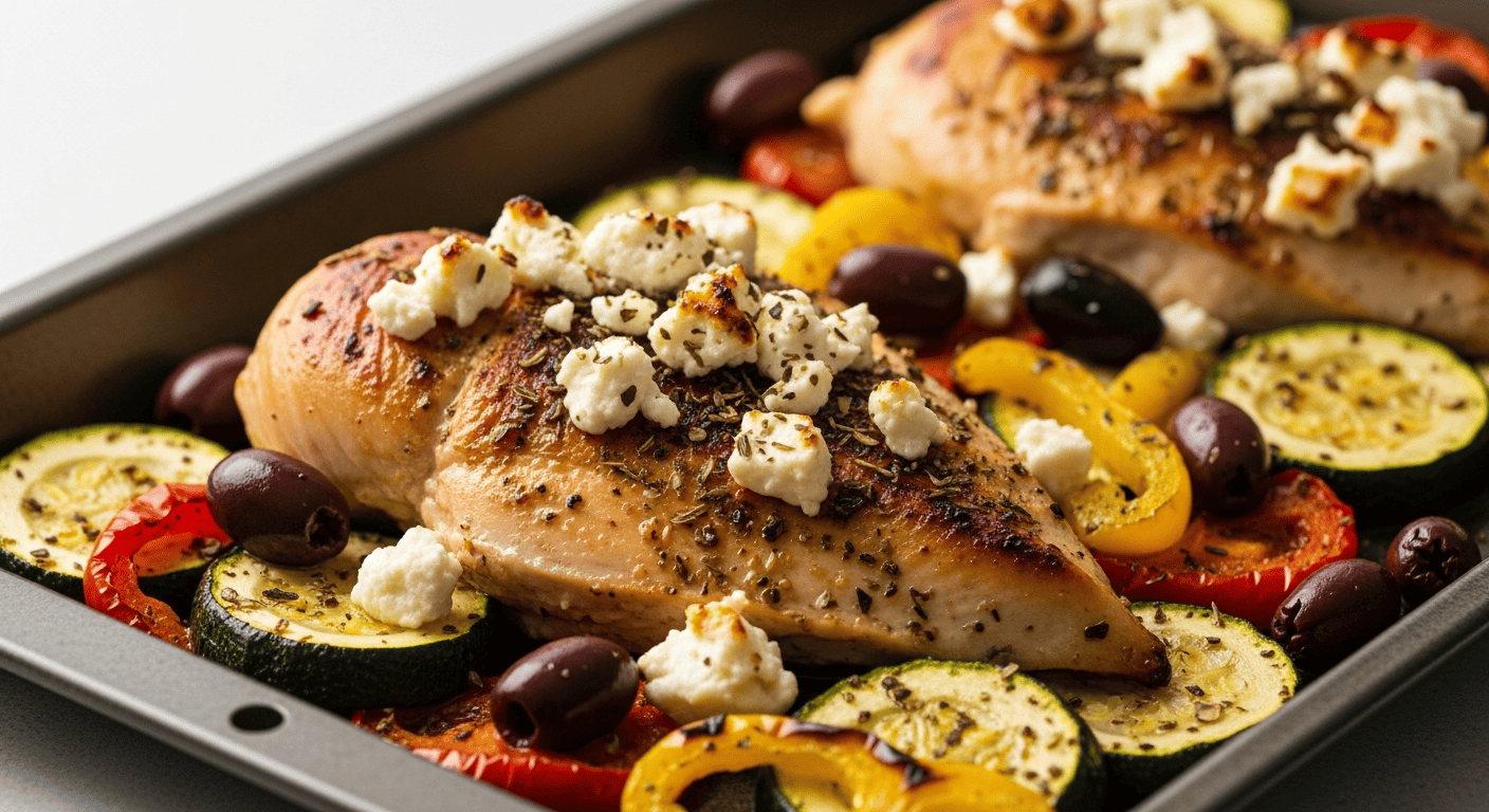 Roasted chicken breast with zucchini, bell peppers, crumbled feta and olives