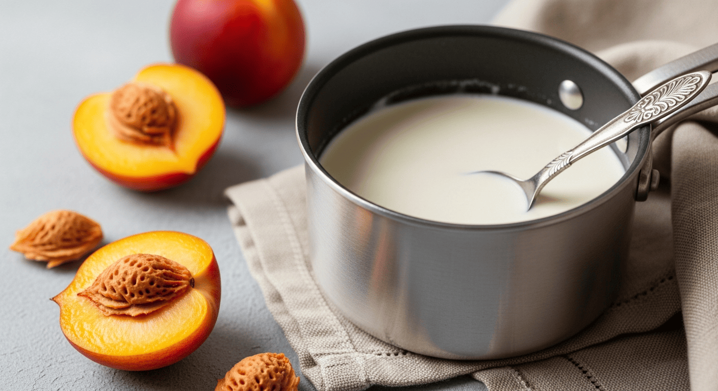 Peach pits beside a small saucepan of simmering cream