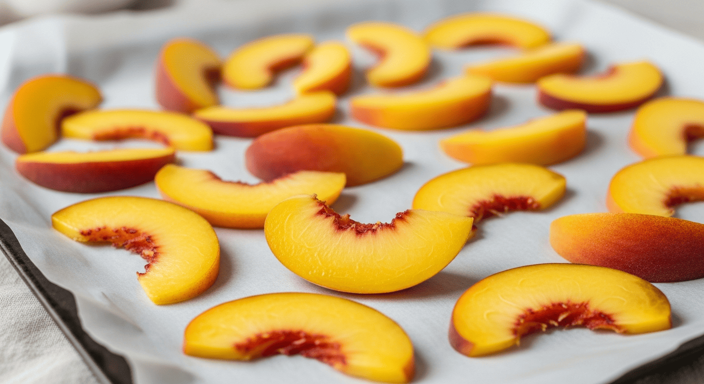 Peach slices spread on a parchment-lined tray before freezing