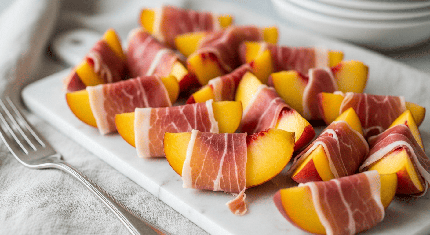 Peach wedges wrapped in prosciutto arranged on a serving board