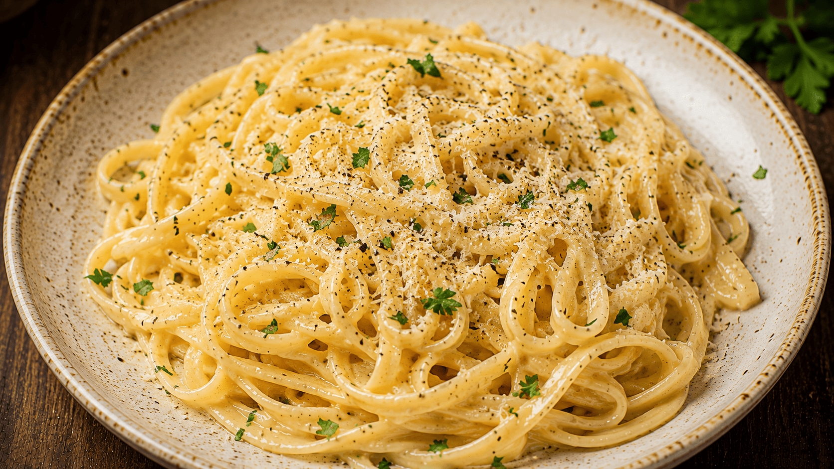 Plate of glossy garlic butter parmesan pasta