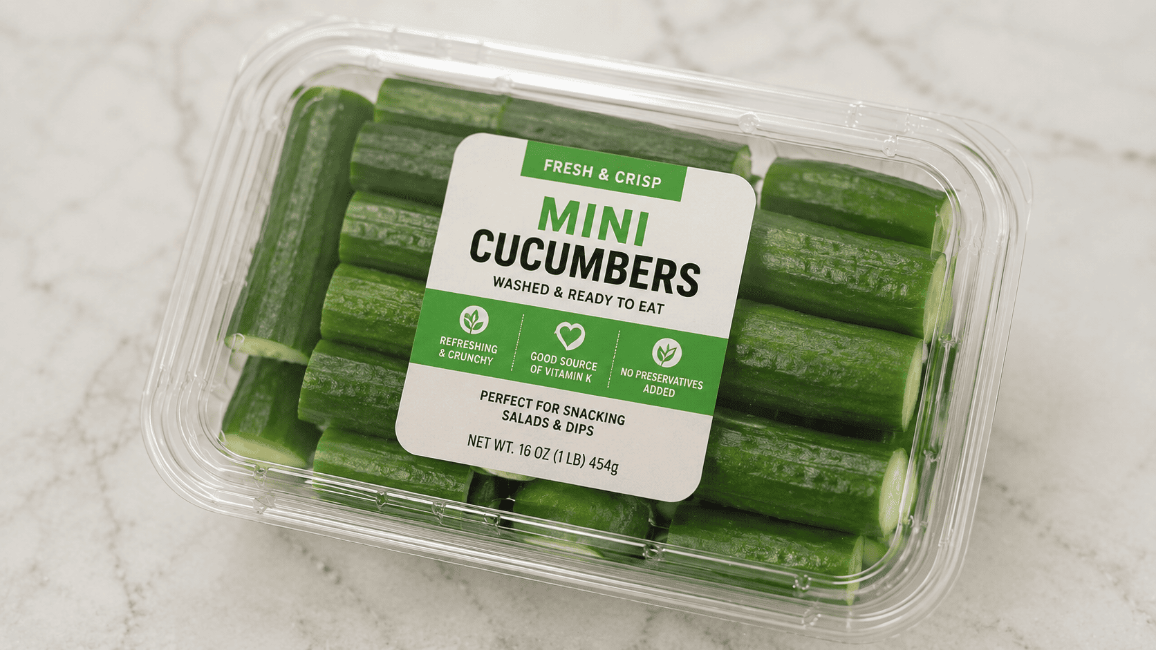 A plastic clamshell of pre-cut mini cucumbers next to a whole cucumber and a knife