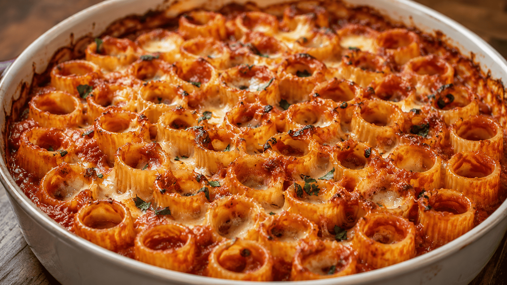 Rigatoni tubes stood upright in a round baking dish, arranged in a honeycomb pattern, baked in sauce