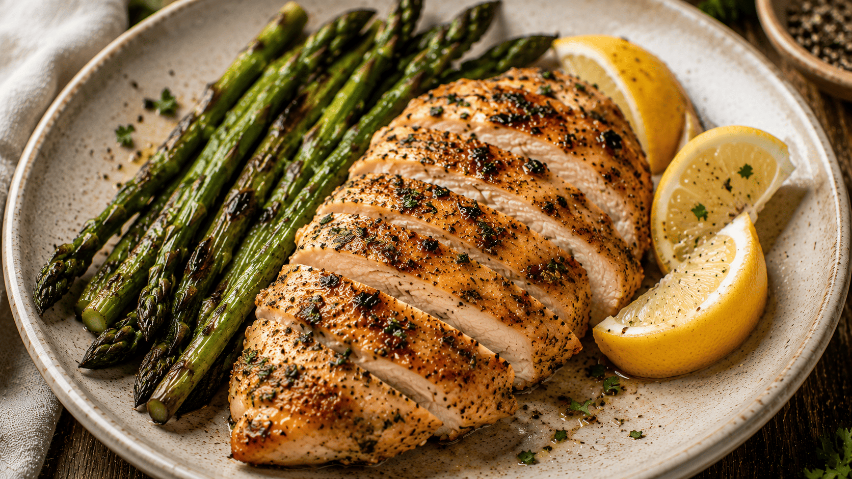Roasted lemon pepper chicken breast with charred asparagus spears, lemon wedges on the side