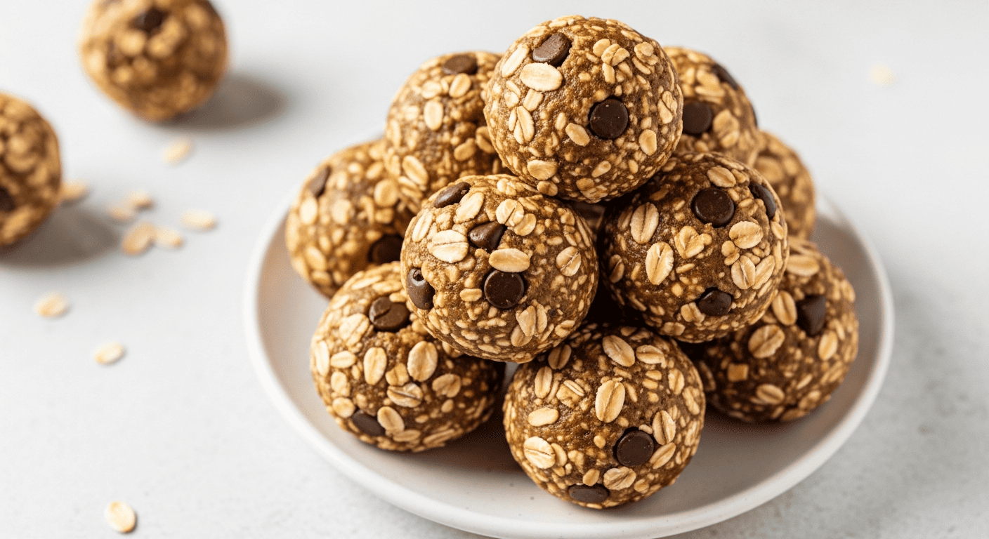 Rolled oatmeal energy bites piled on a small plate