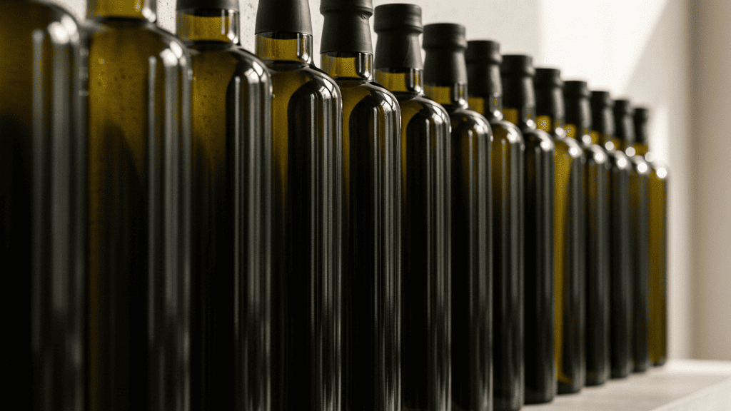 Rows of dark green olive oil bottles on a stone shelf, warm Mediterranean light, close-up editorial texture