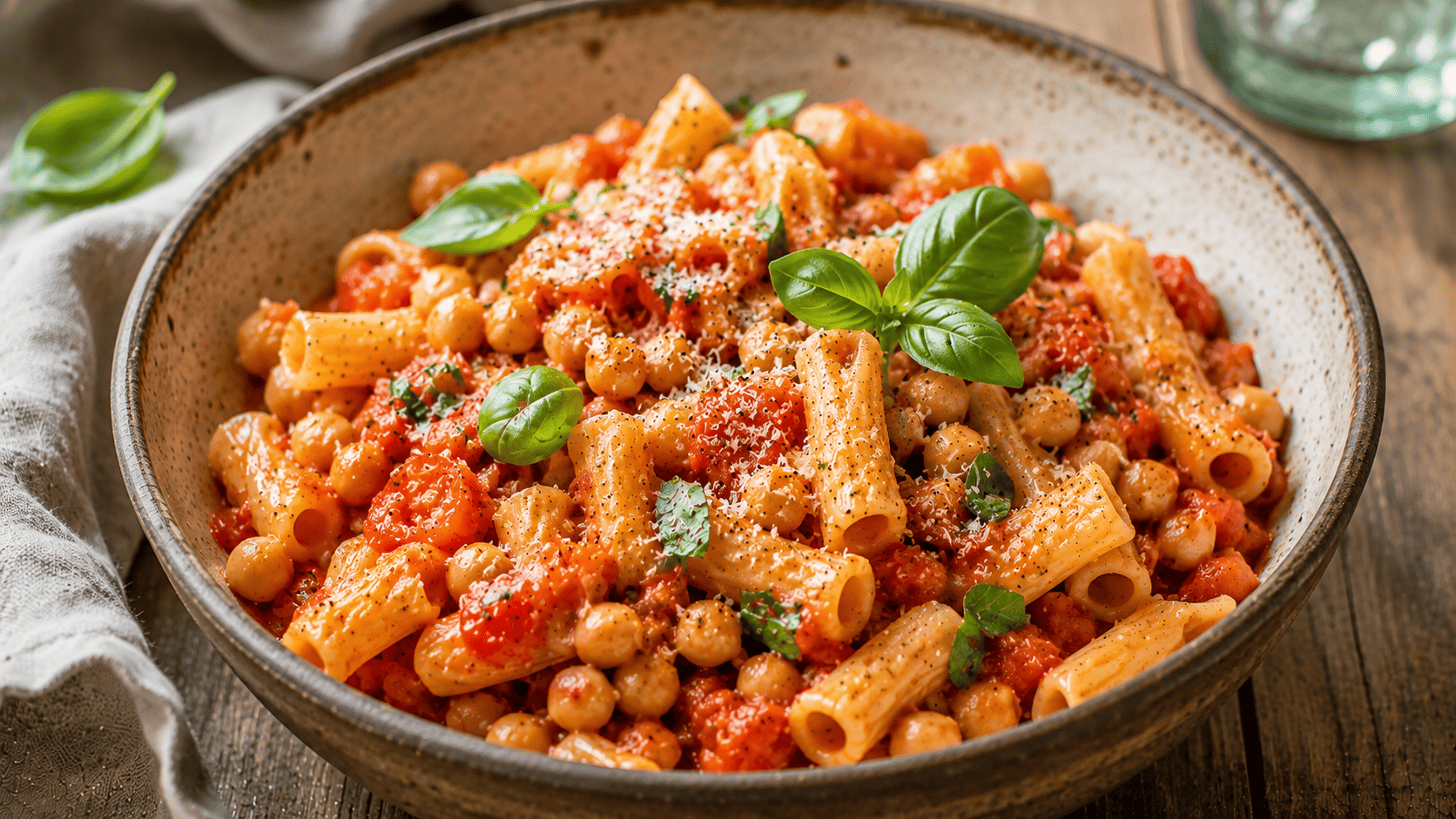 Rustic bowl of tomato chickpea pasta topped with fresh basil leaves