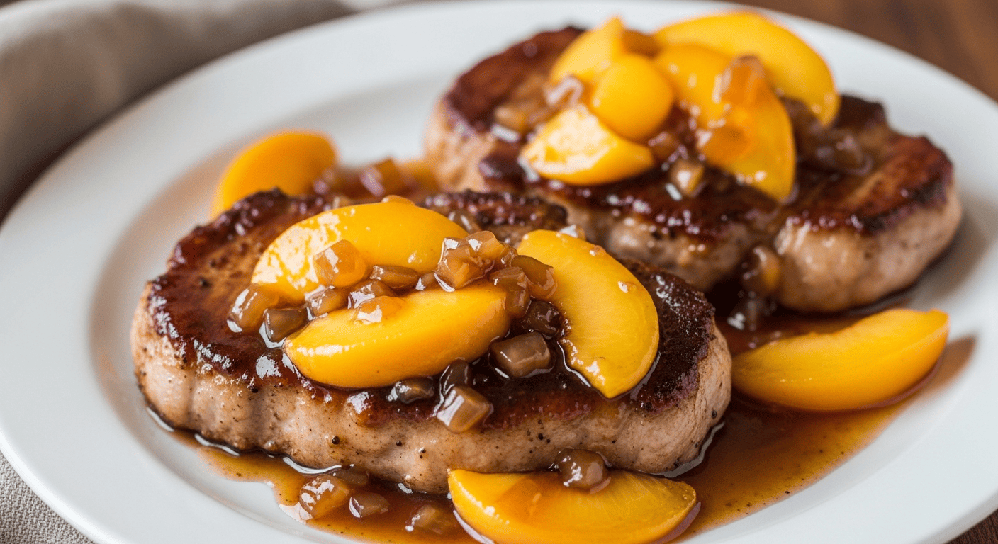 Seared pork chops topped with a glossy peach pan sauce