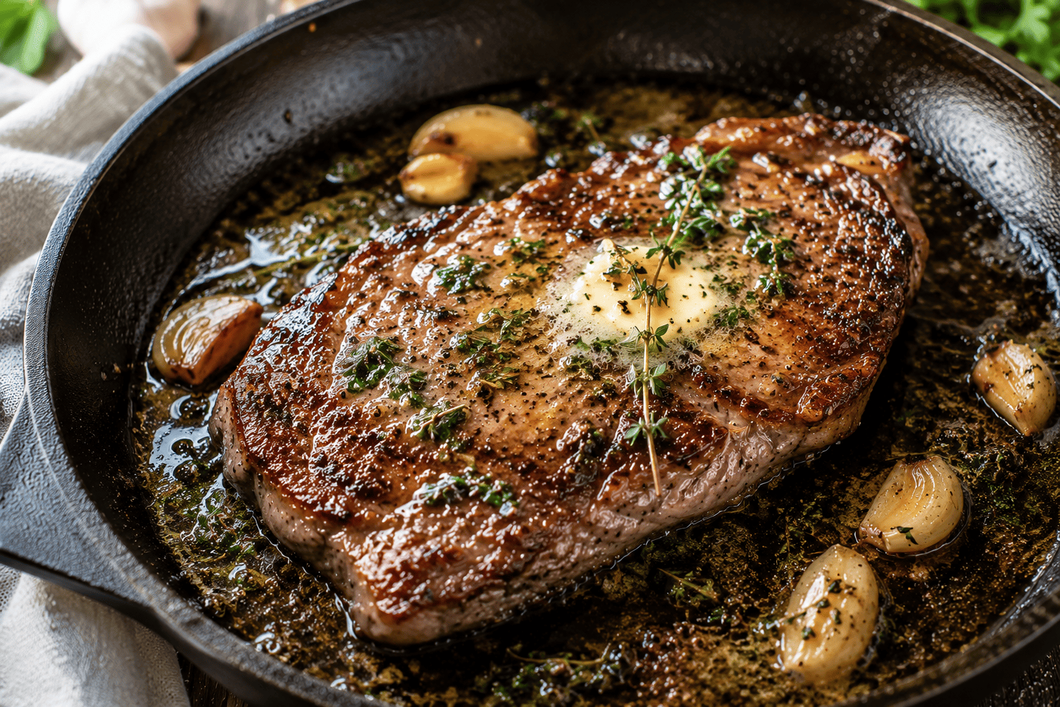 Seared steak in a cast iron skillet, garlic herb butter pooling on top, dark moody light