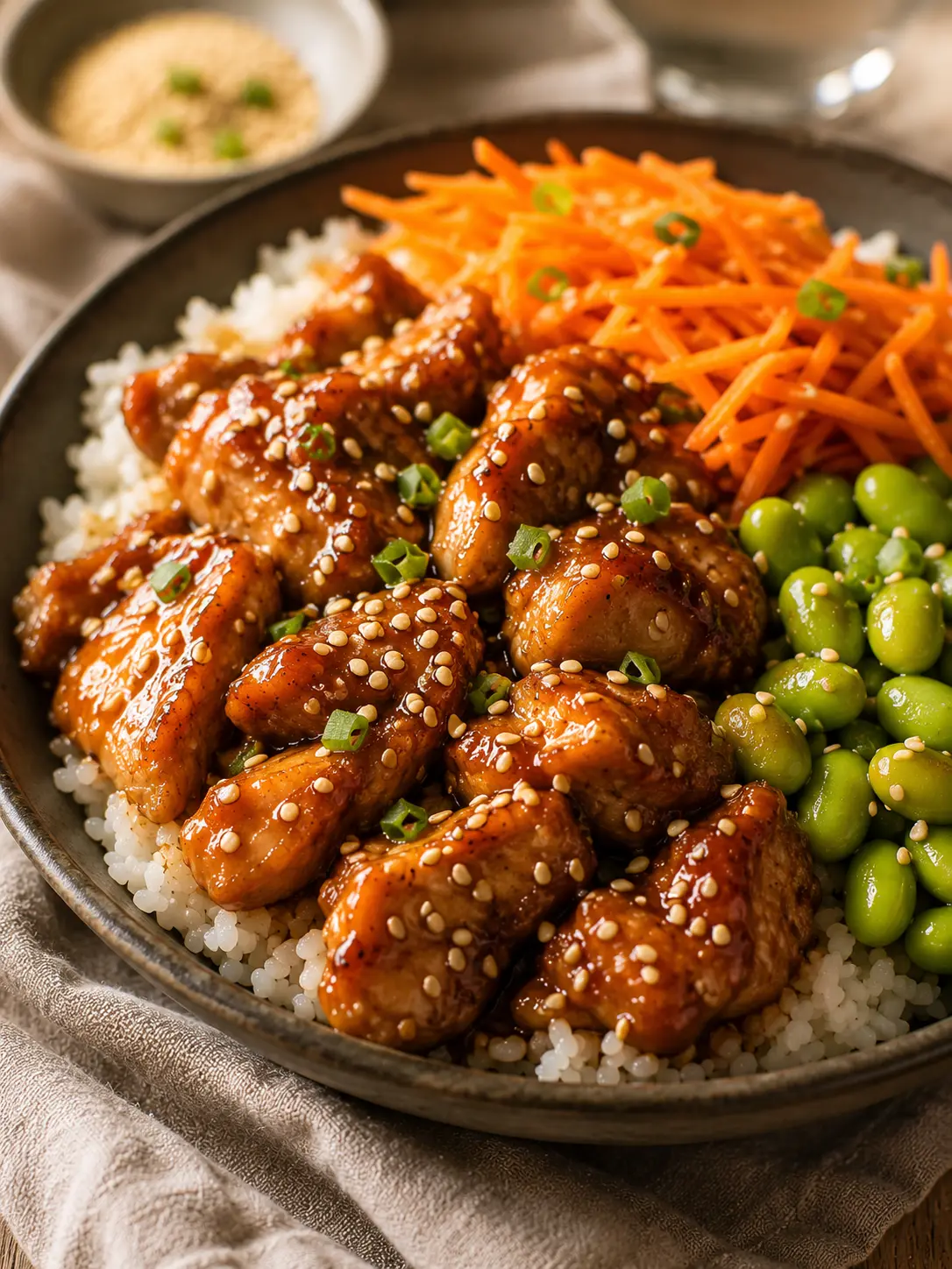 Sesame ginger glazed chicken over rice with edamame, shredded carrot and sesame seeds