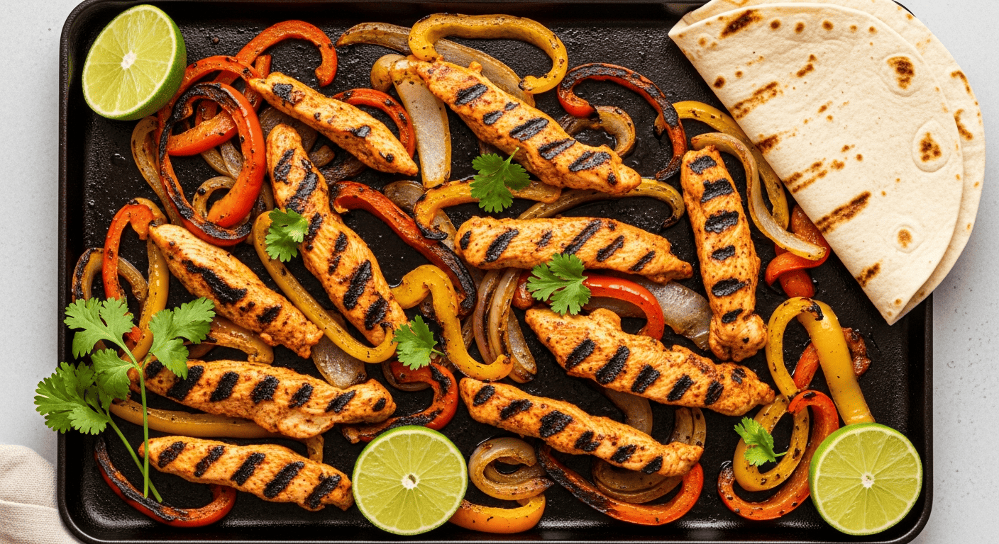 Sizzling chicken fajita strips with charred bell peppers and onions
