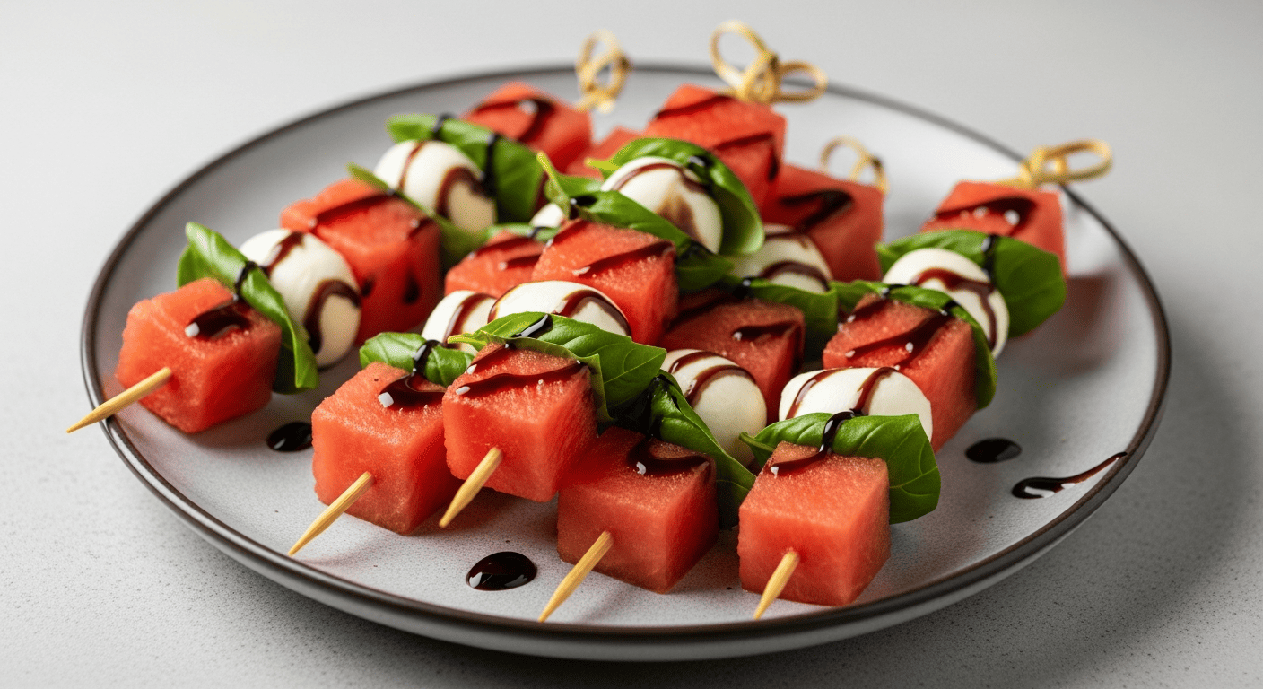 Skewers of grilled watermelon, mozzarella, and basil arranged on a platter, balsamic drizzle