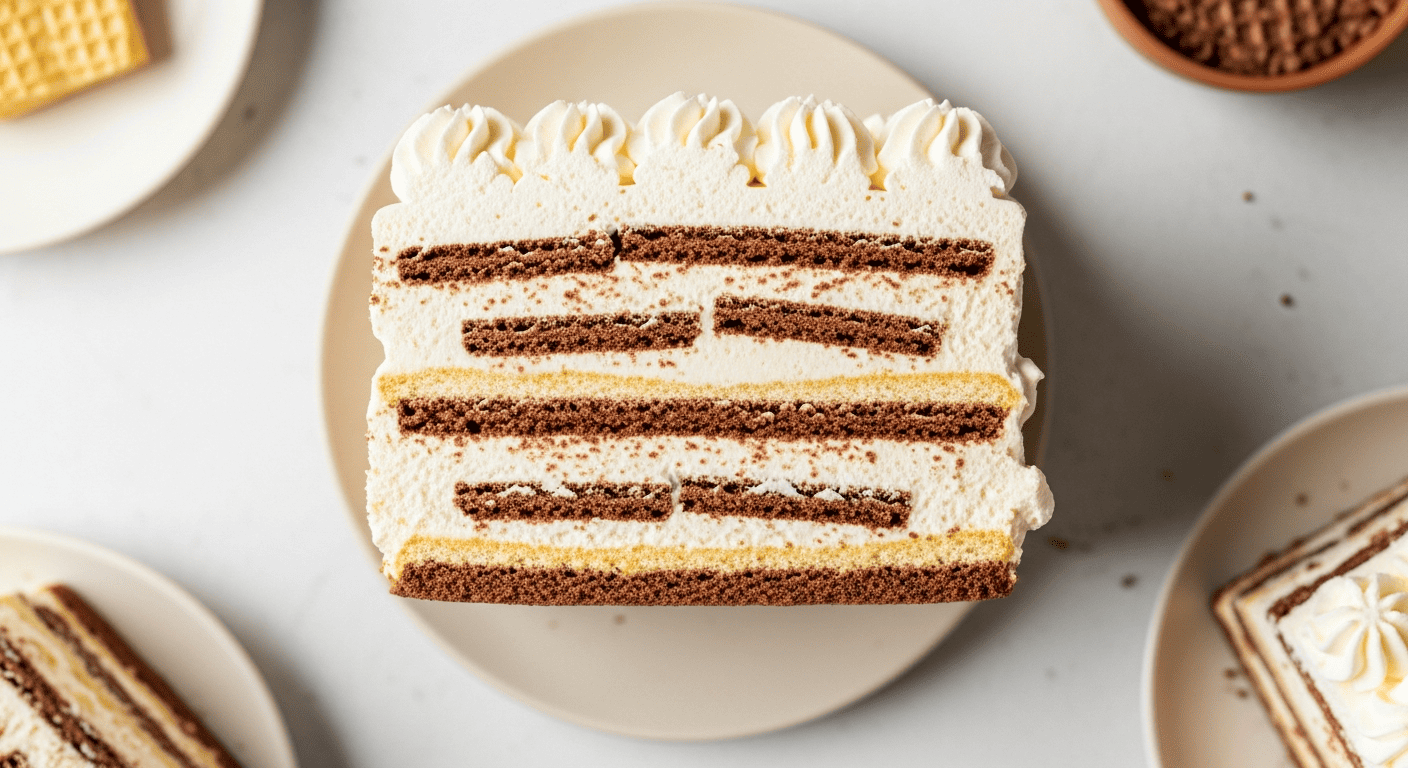 Sliced icebox cake showing layered chocolate wafers and whipped cream