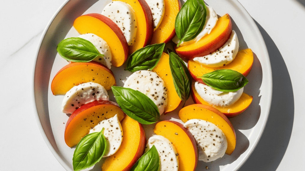Sliced peaches layered with mozzarella and basil on a white plate
