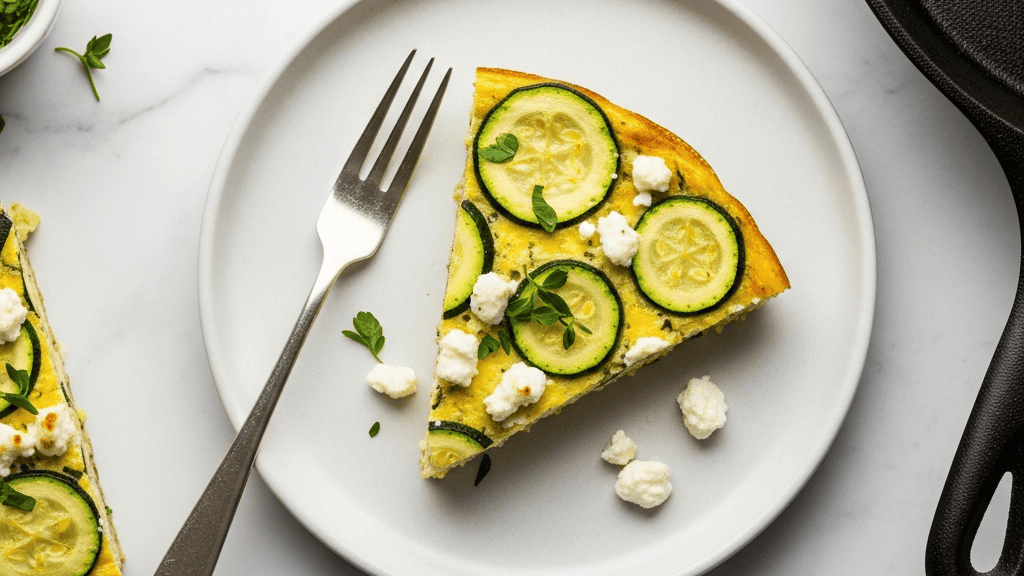 Sliced wedge of zucchini and feta frittata on a plate, visible zucchini coins and crumbled feta, cast-iron pan in the background