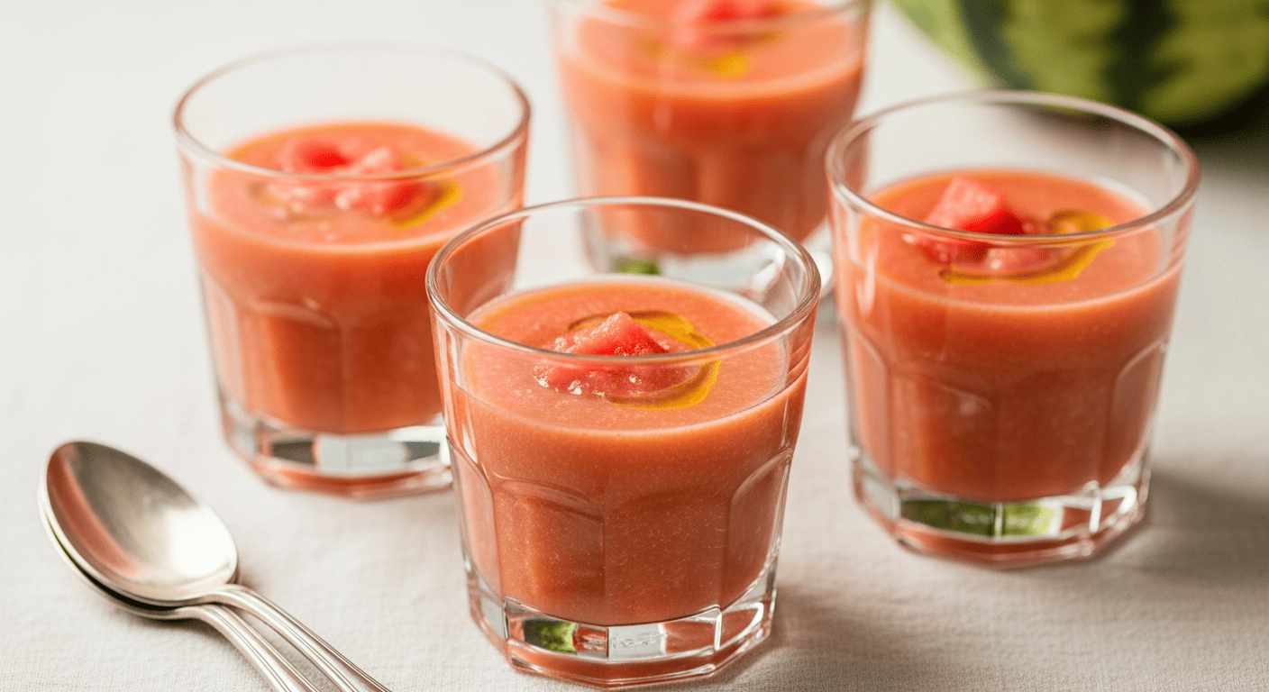 Small glasses of pink-orange watermelon gazpacho, drizzle of olive oil on top, outdoor table setting