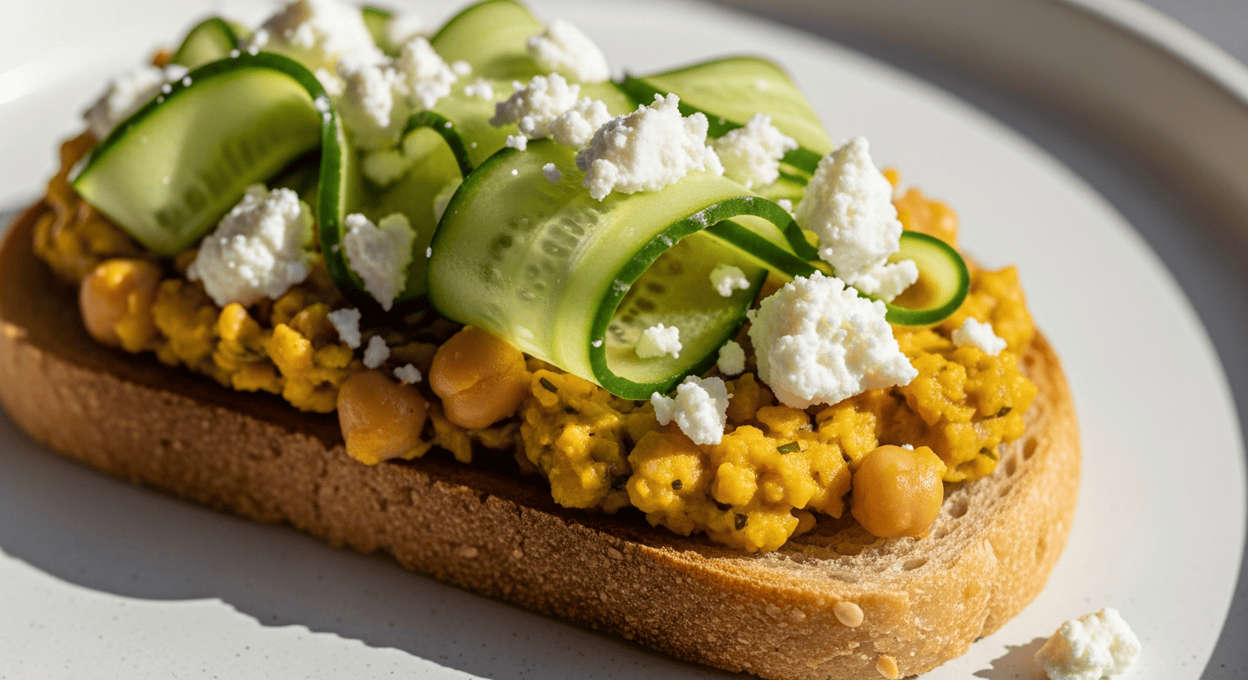 Smashed chickpea toast with cucumber ribbons and crumbled feta, close-up, natural light