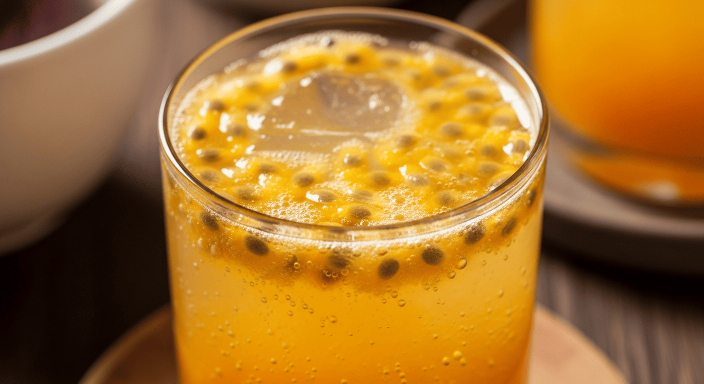 Sparkling amber-orange soda with visible bubbles, passionfruit pulp and seeds floating on top