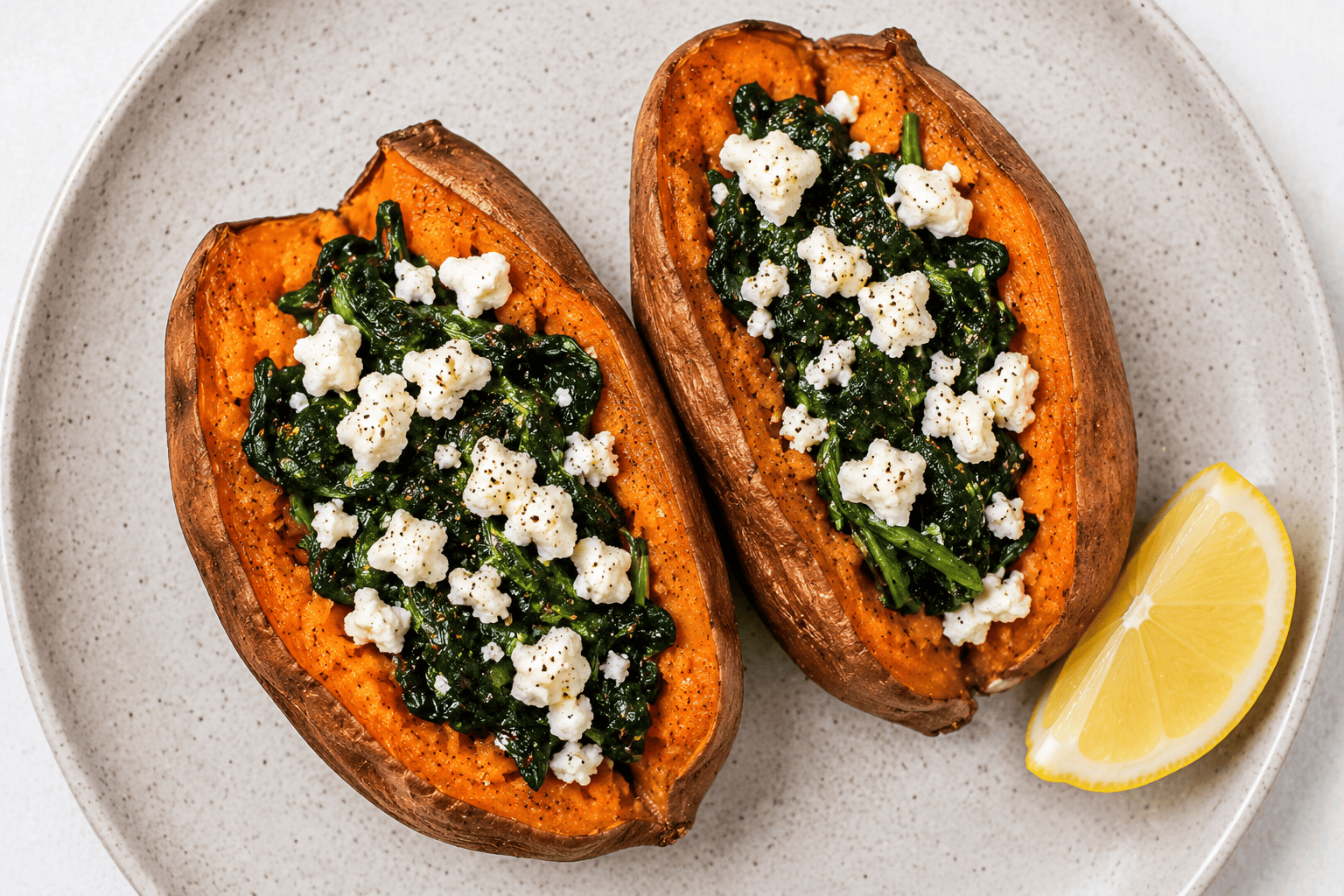 Split roasted sweet potato stuffed with wilted spinach and crumbled feta, lemon wedge beside it
