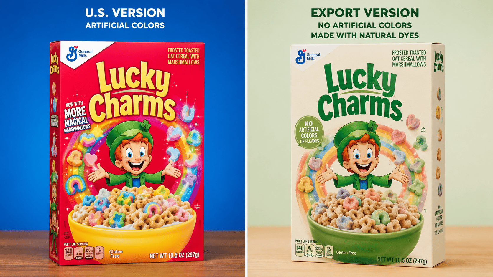 Split-screen product shot, two boxes of the same cereal brand side by side, one neon-bright U.S. version and one muted natural-dye export version
