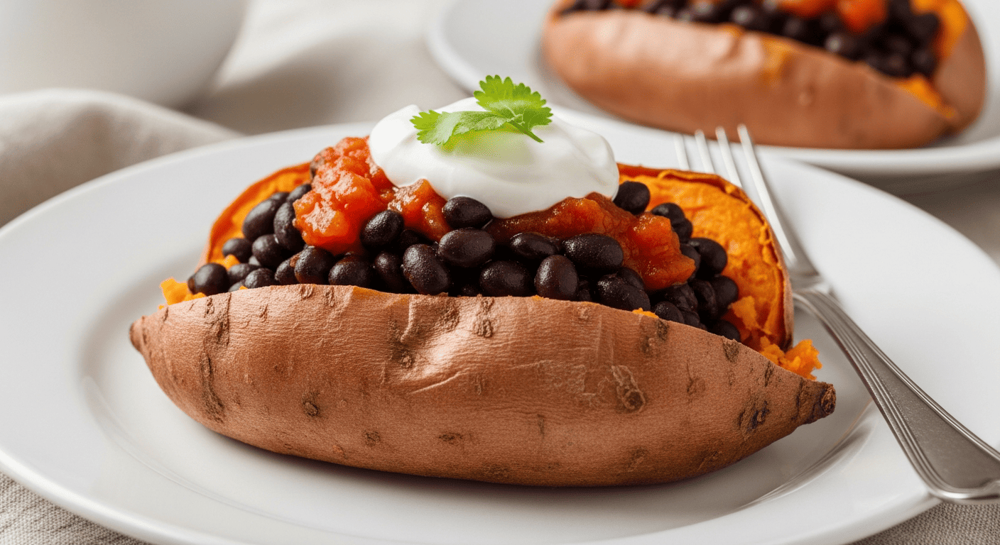 Split sweet potato loaded with black beans, salsa, and sour cream, steam still visible