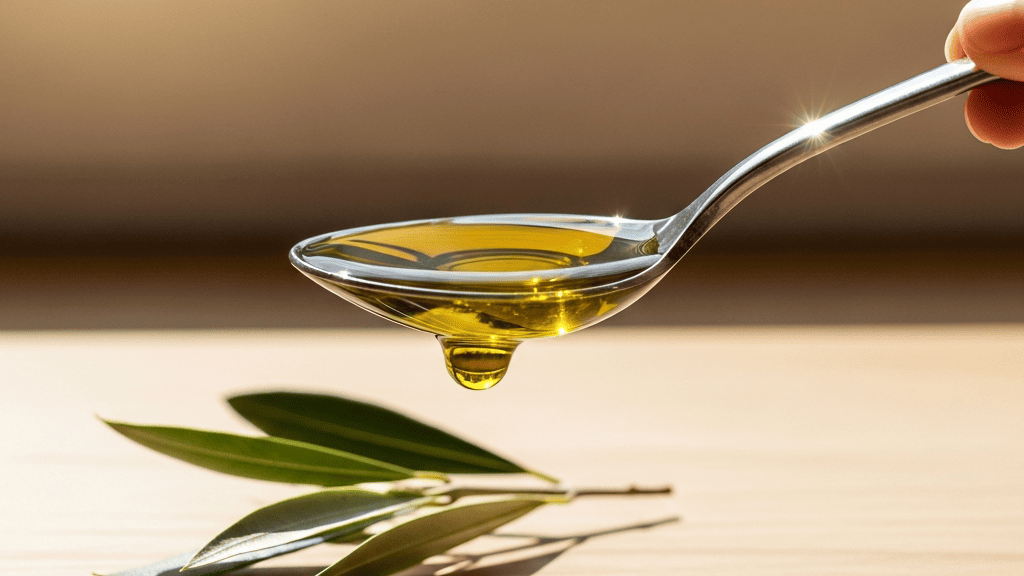 Spoonful of vivid green-gold olive oil held up to window light, macro texture, single olive branch beside it