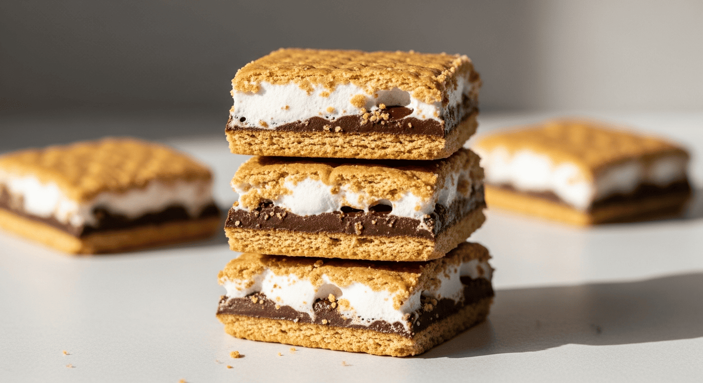 Stacked s'mores bars with visible graham cracker, marshmallow, and chocolate layers