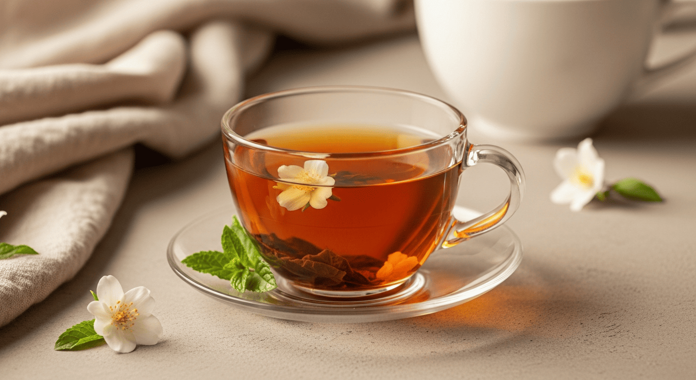 Steam rising off a pale gold cup of jasmine tea, a single blossom resting on the saucer, soft window light