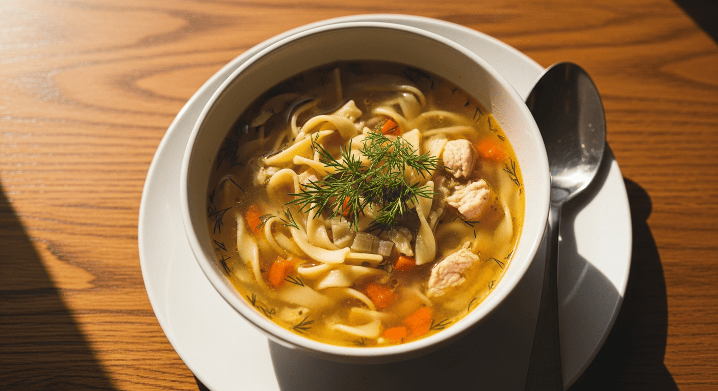 Steaming bowl of chicken noodle soup with fresh dill, rustic wooden table, soft window light